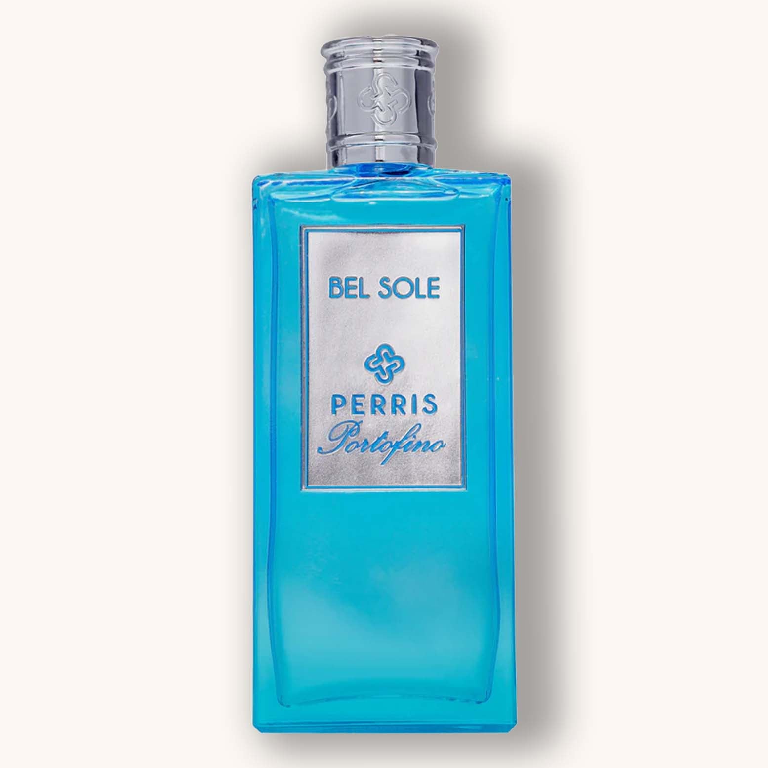 A vibrant blue bottle of Perris Portofino Bel Sole perfume, featuring a sleek rectangular design and an elegant silver label with the brand name. The refreshing scent evokes a sense of luxury and sophistication.