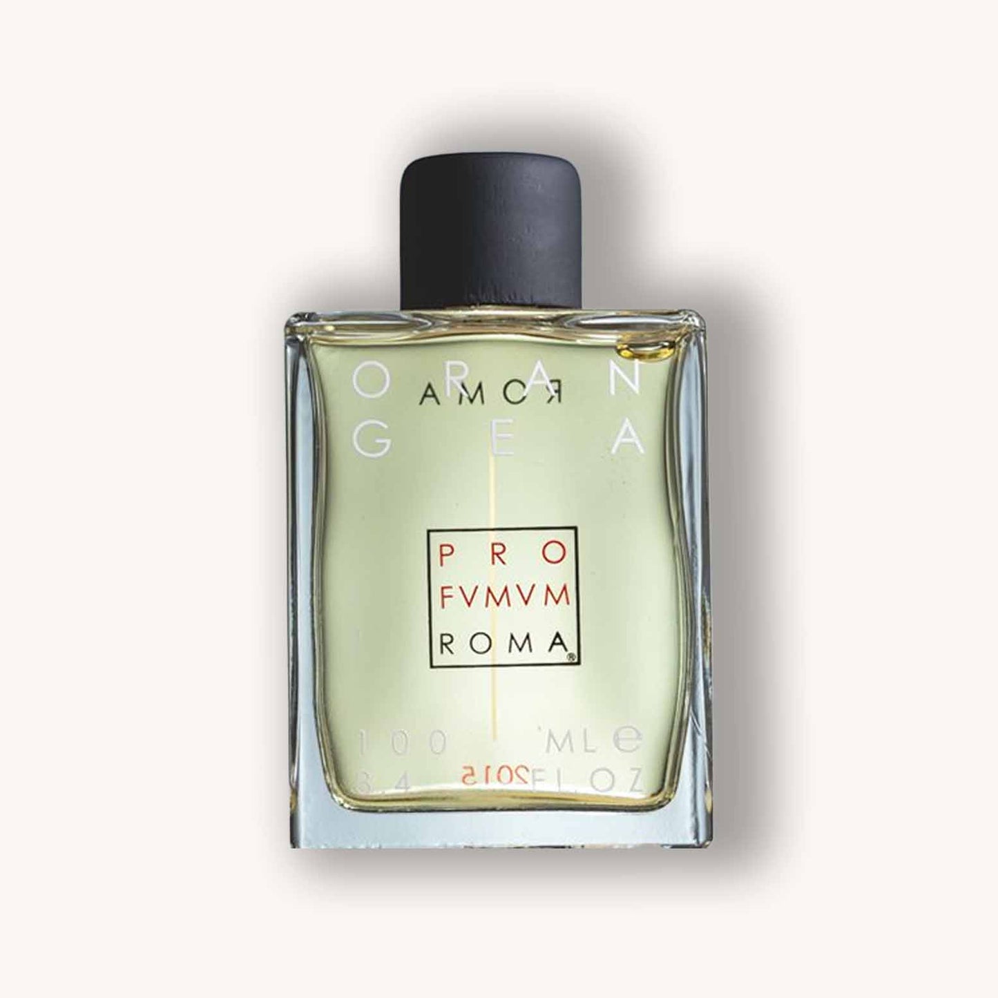 Alt text: "Bottle of Profumum Roma Orangea, a floral and citrus fragrance, presented in a sleek clear glass design with a black cap. The label features the brand name and product details in a minimalist style."