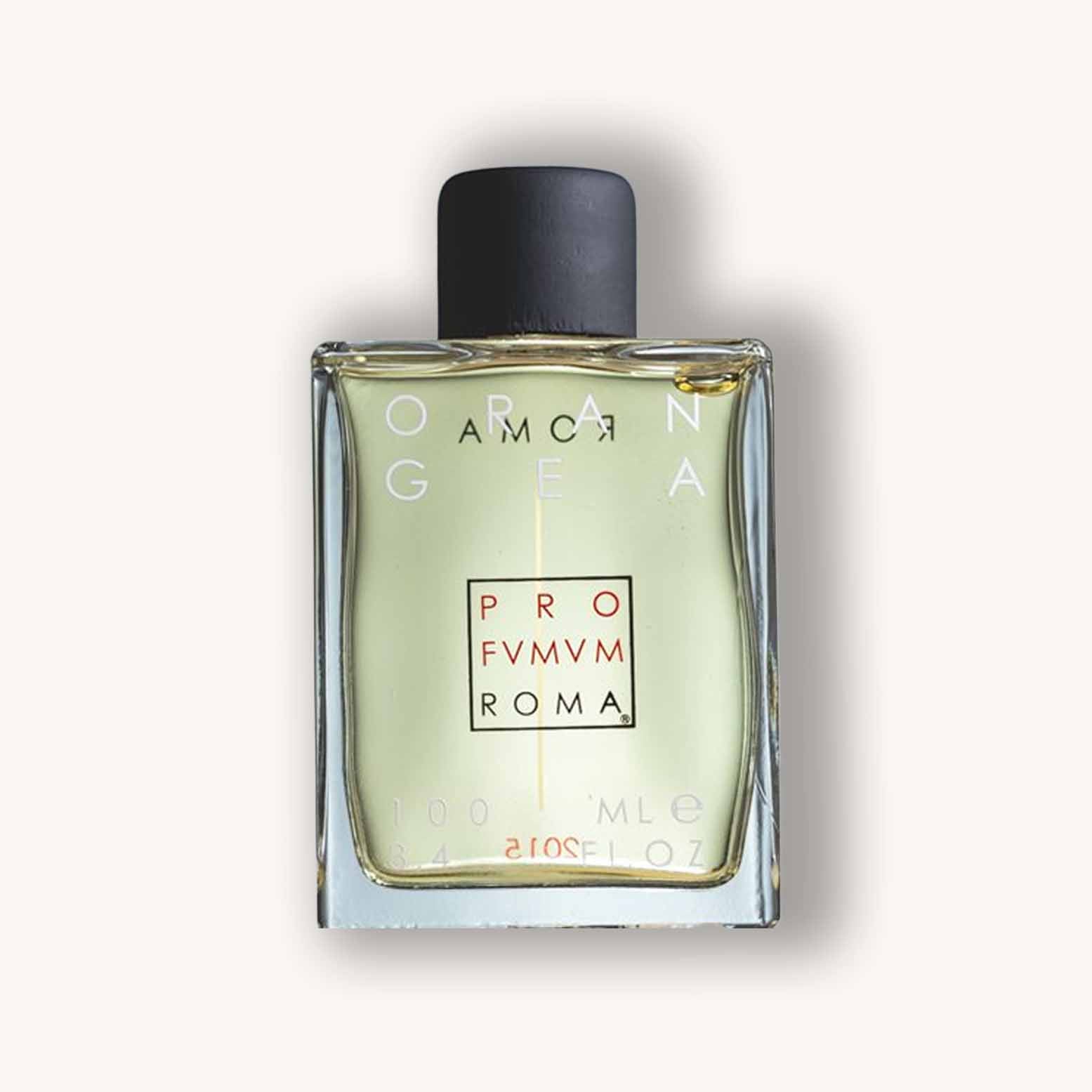 Alt text: "Bottle of Profumum Roma Orangea, a floral and citrus fragrance, presented in a sleek clear glass design with a black cap. The label features the brand name and product details in a minimalist style."