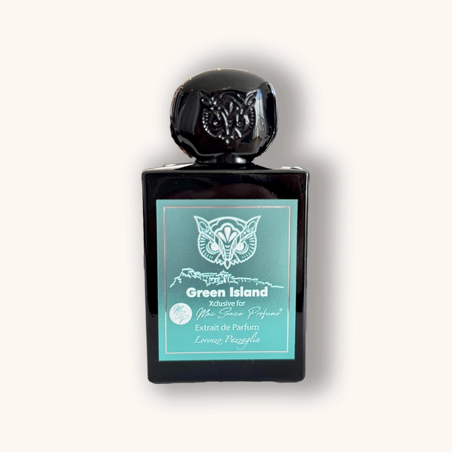 Perfume bottle with a black owl design on a white background