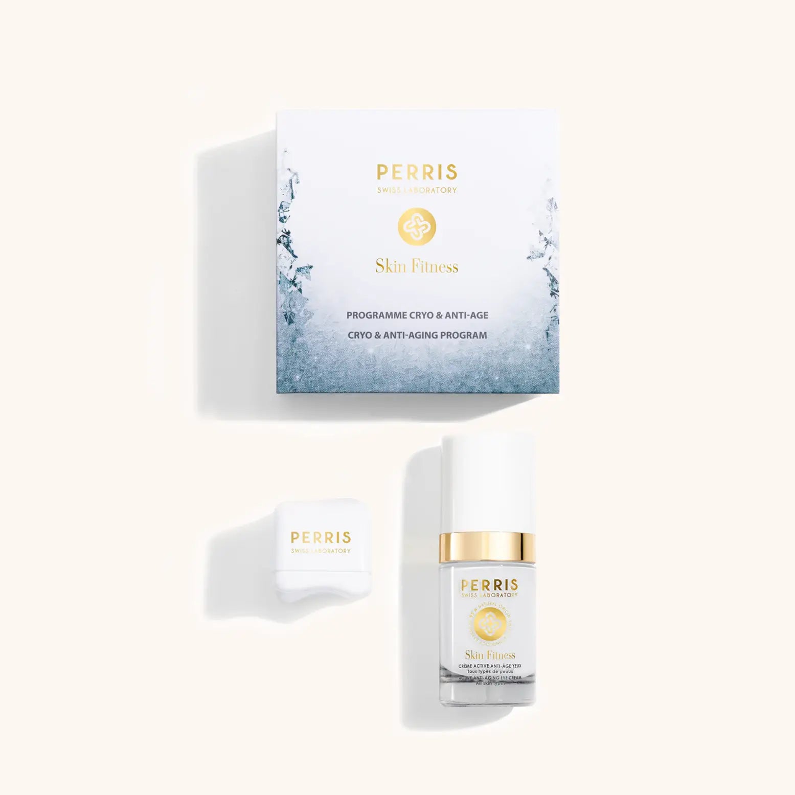 Alt text: "Perris Swiss Laboratory Cryo & Anti-Aging Program featuring a stylish box and two products designed to enhance skin fitness and reduce signs of aging."