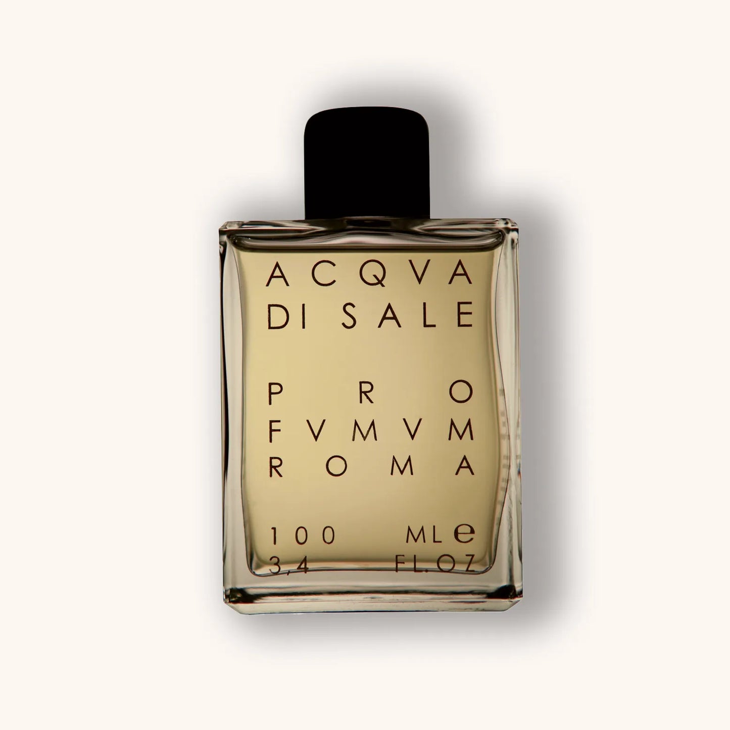 Alt text: A sleek, rectangular glass bottle of Profumum Roma Acqua di Sale, featuring minimalist black labeling and a black cap. The fragrance is presented in a 100 mL size.