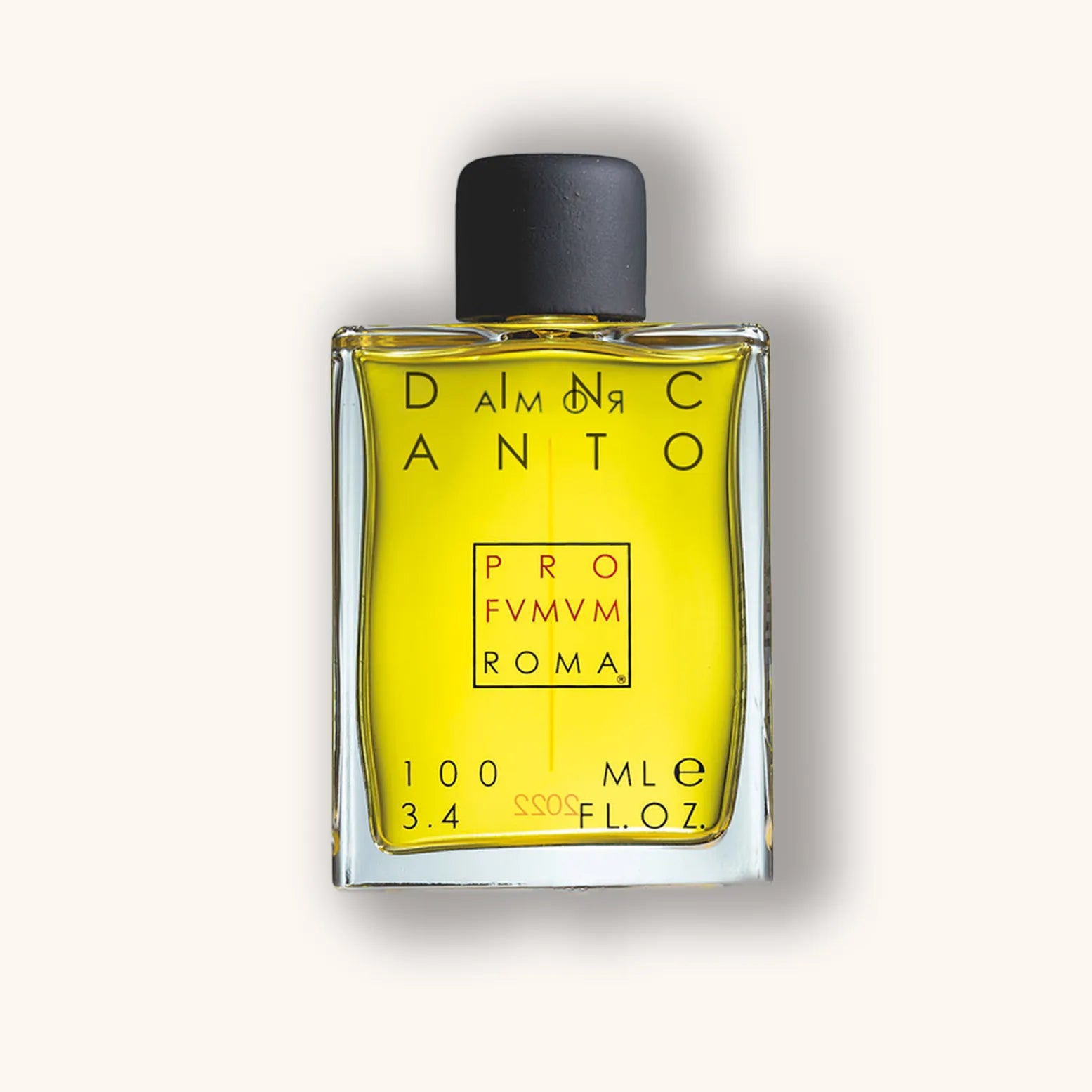 Alt text: A sleek, square glass bottle of Profumum Roma Dincanto fragrance, featuring a vibrant yellow liquid and a minimalist black cap, labeled with elegant typography. The bottle holds 100 ml (3.4 fl oz).