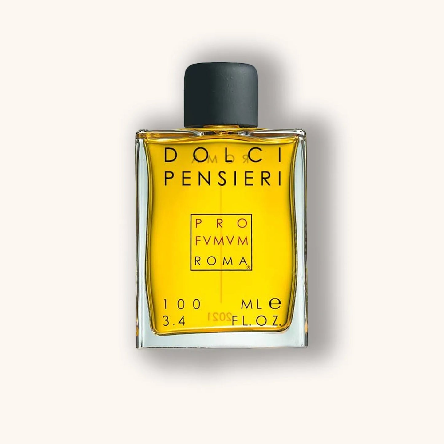 Alt text: A bottle of Profumum Roma Dolci Pensieri, featuring a sleek rectangular design with a black cap and a vibrant yellow liquid, measuring 100 ml.