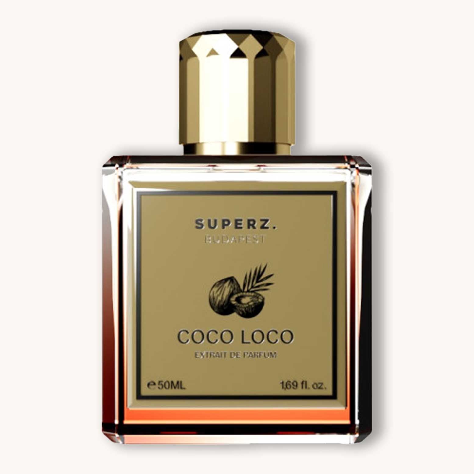 Alt text: A stylish bottle of Superz Coco Loco perfume, featuring a sleek design with a gold cap and a label that highlights its coconut-inspired fragrance, containing 50ml of Extrait de Parfum.