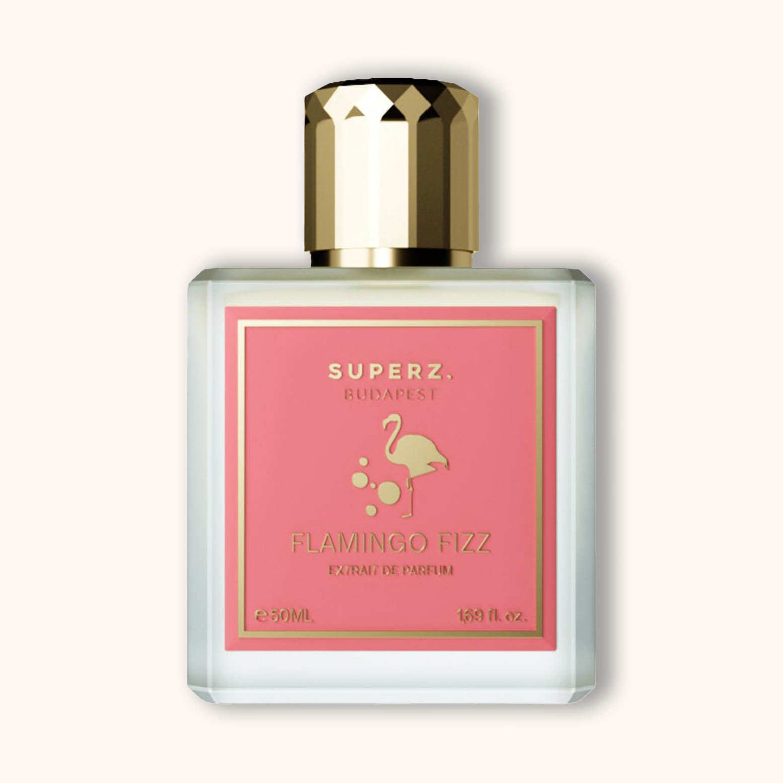 Alt text: A stylish perfume bottle of Superz Flamingo Fizz featuring a pink label with a flamingo graphic and a gold cap, elegantly designed for a modern aesthetic.
