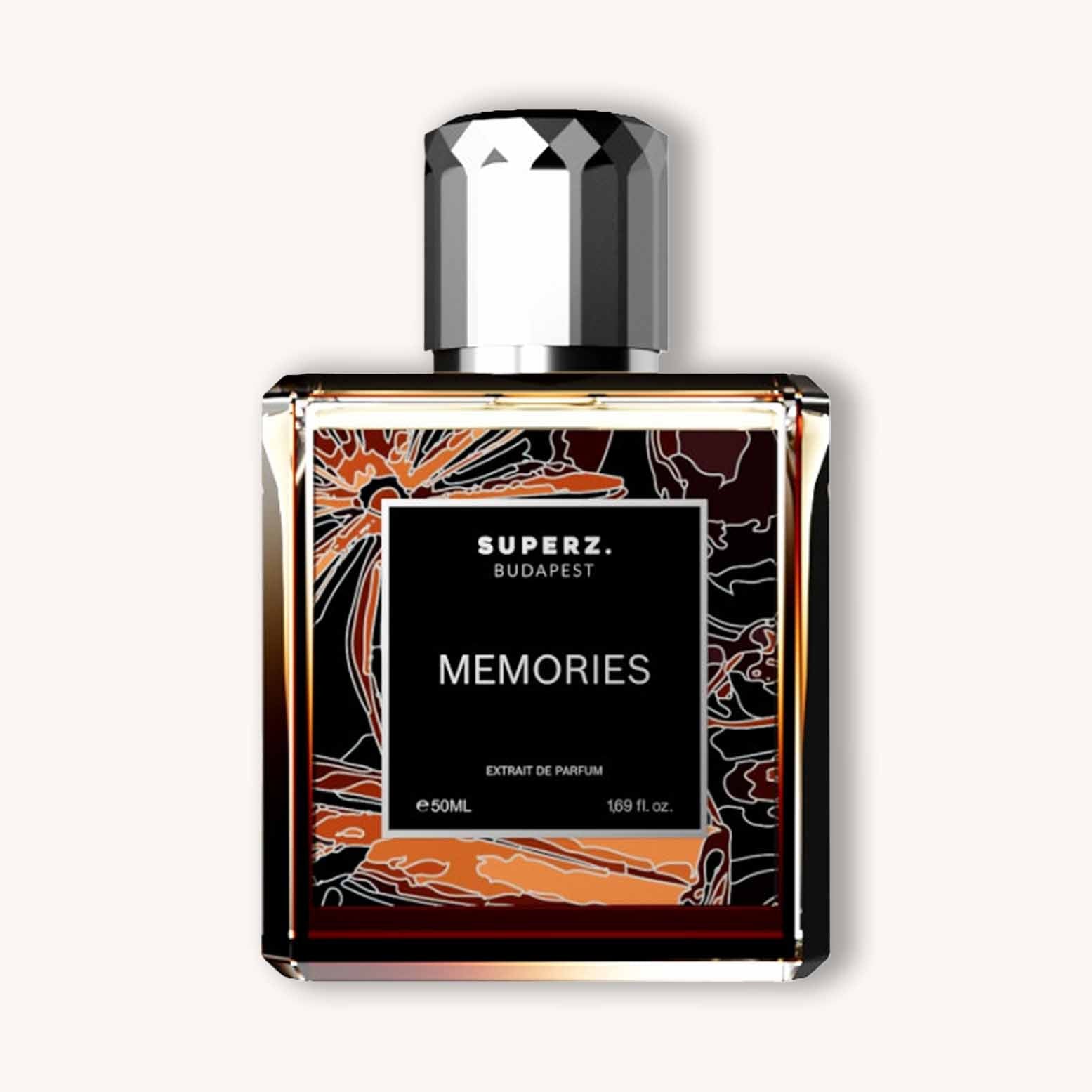 Alt text: A stylish 50ml perfume bottle labeled "Superz Memories" featuring an elegant design with floral accents. The bottle has a distinctive geometric cap and a luxurious appearance.