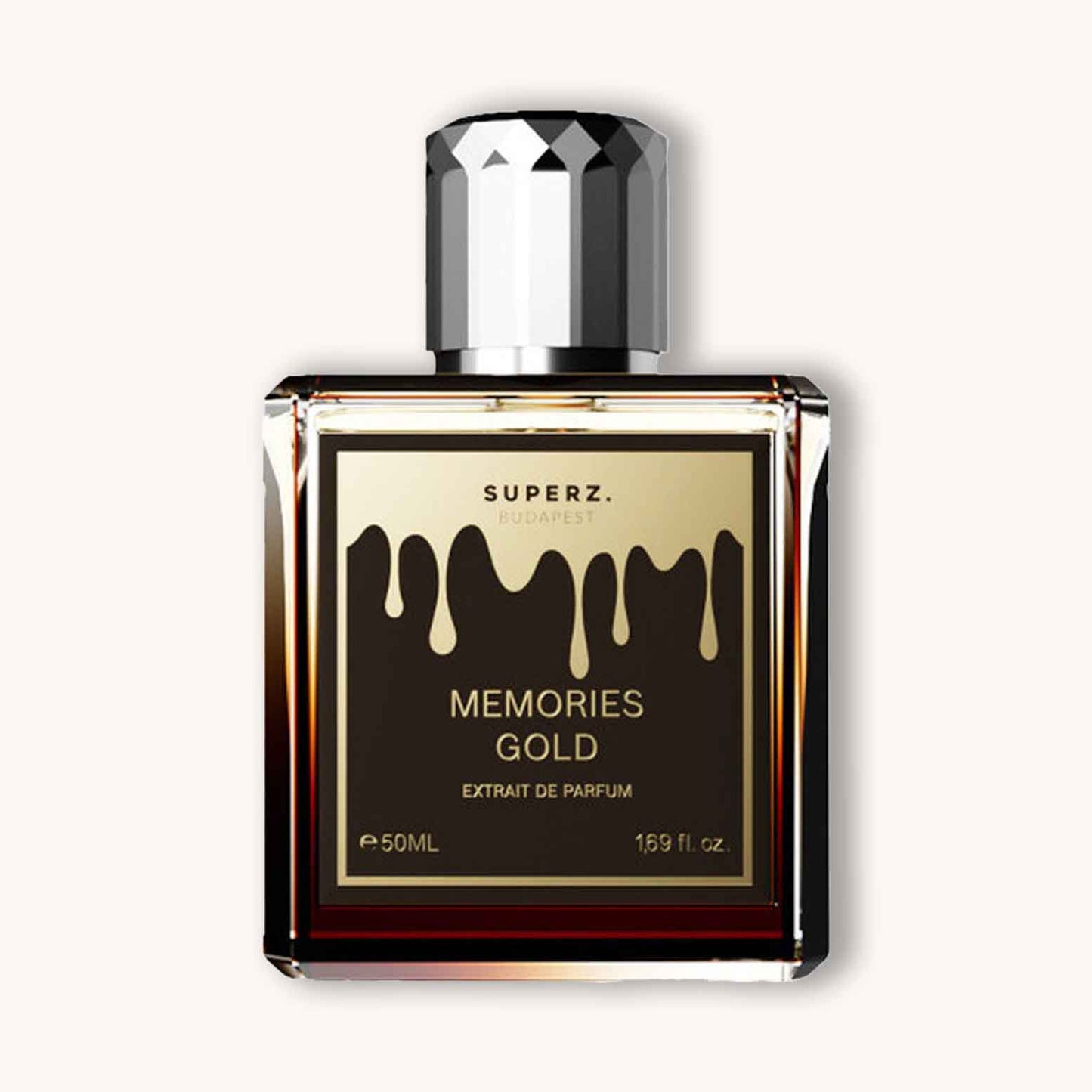 Alt text: A sleek, elegant bottle of Superz Memories Gold perfume, featuring a geometric design and a striking gold label, contains 50ml of a luxurious extrait de parfum.