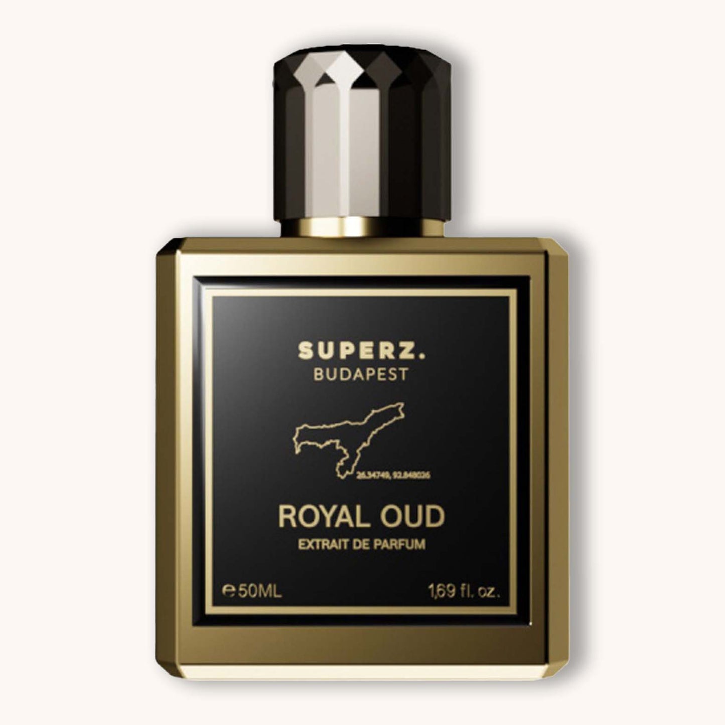 Alt text: A sleek, elegant bottle of Superz Royal Oud, featuring a black and gold design, showcasing the product name and volume of 50ml, with an outline map of its origin.