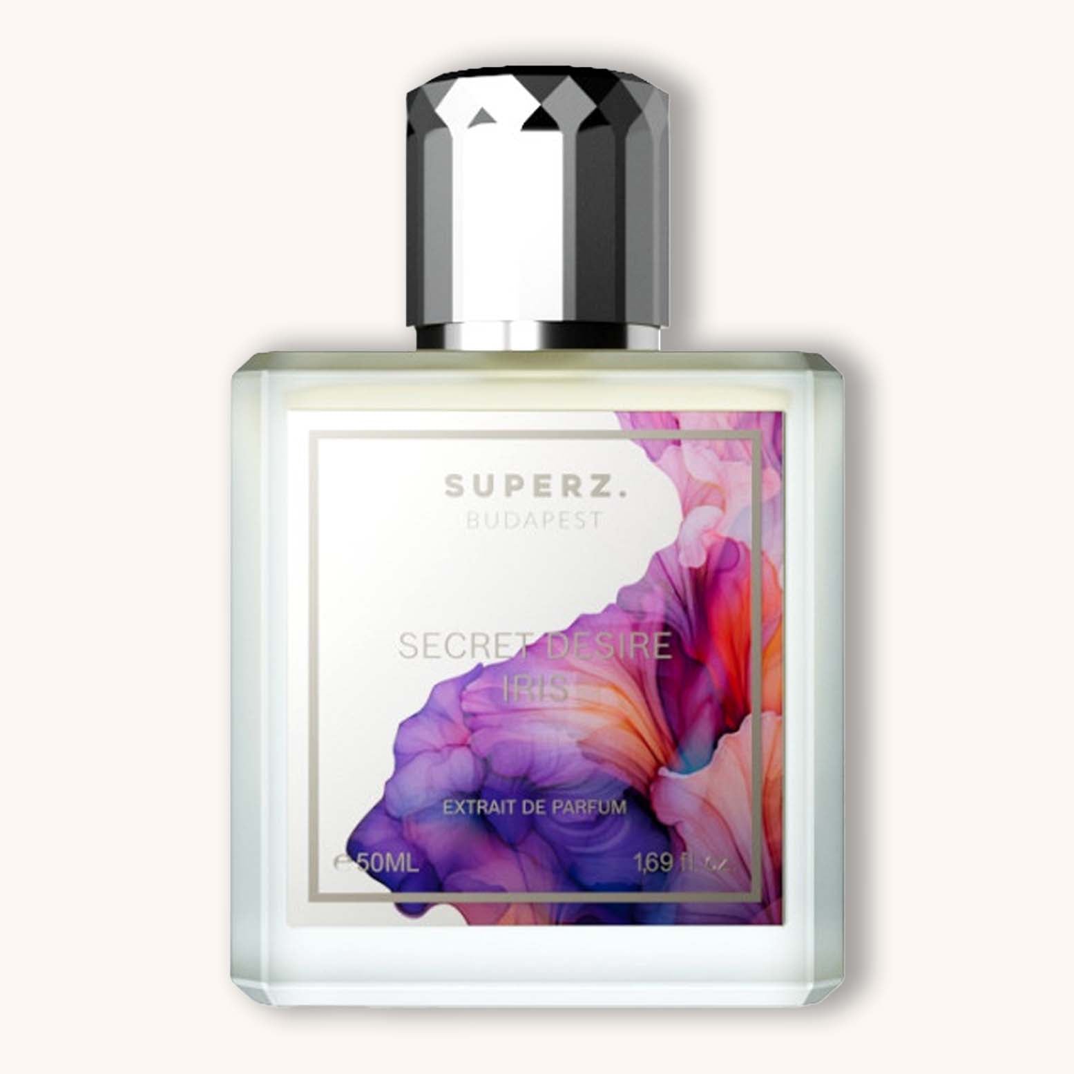 Alt text: A stylish glass bottle of Superz Secret Desire Iris perfume, featuring a vibrant floral design and silver cap, containing 50ml of fragrance. The label indicates it's an extrait de parfum.