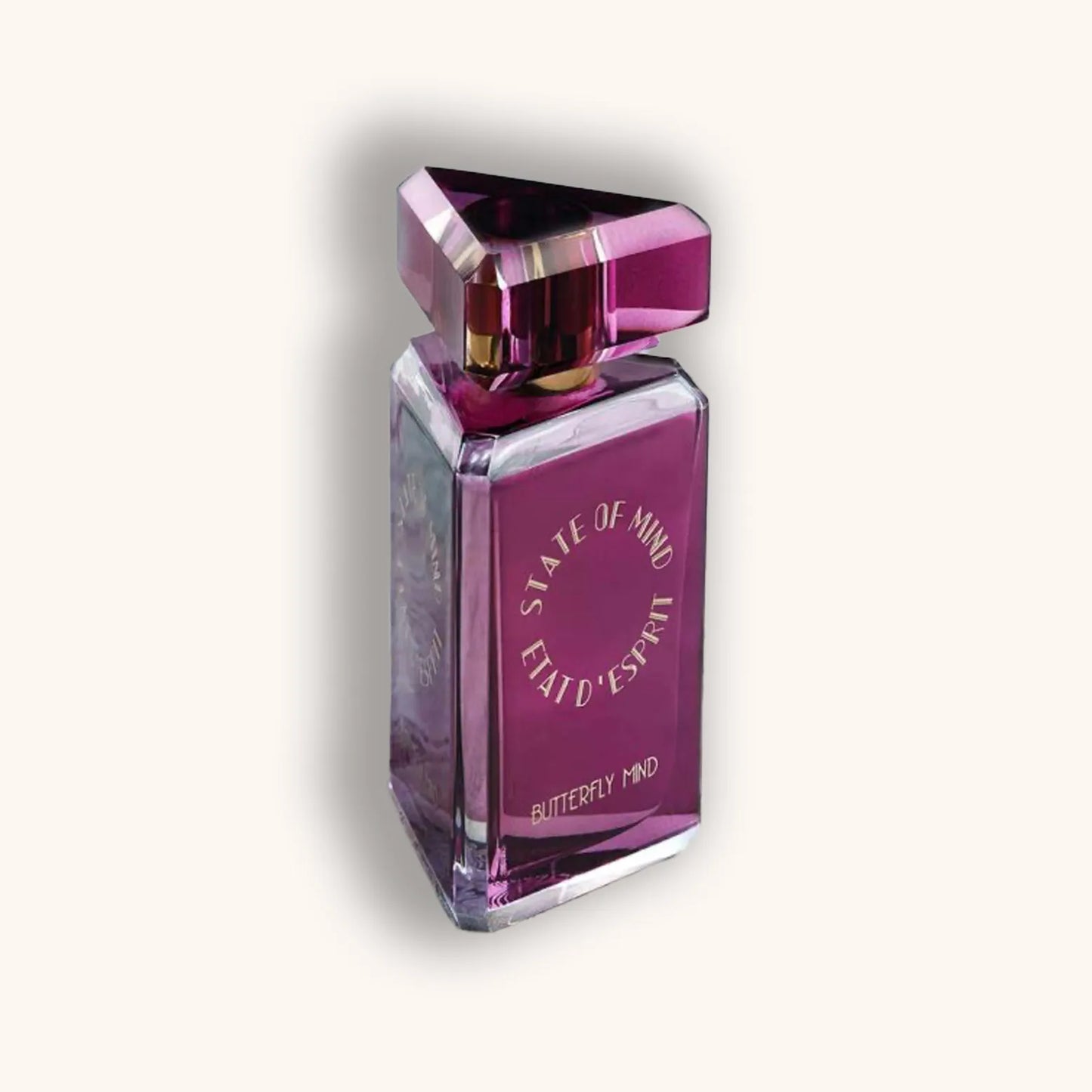 Alt text: A stylish purple perfume bottle labeled "State of Mind Butterfly Mind," featuring a unique triangular cap and an elegant design.