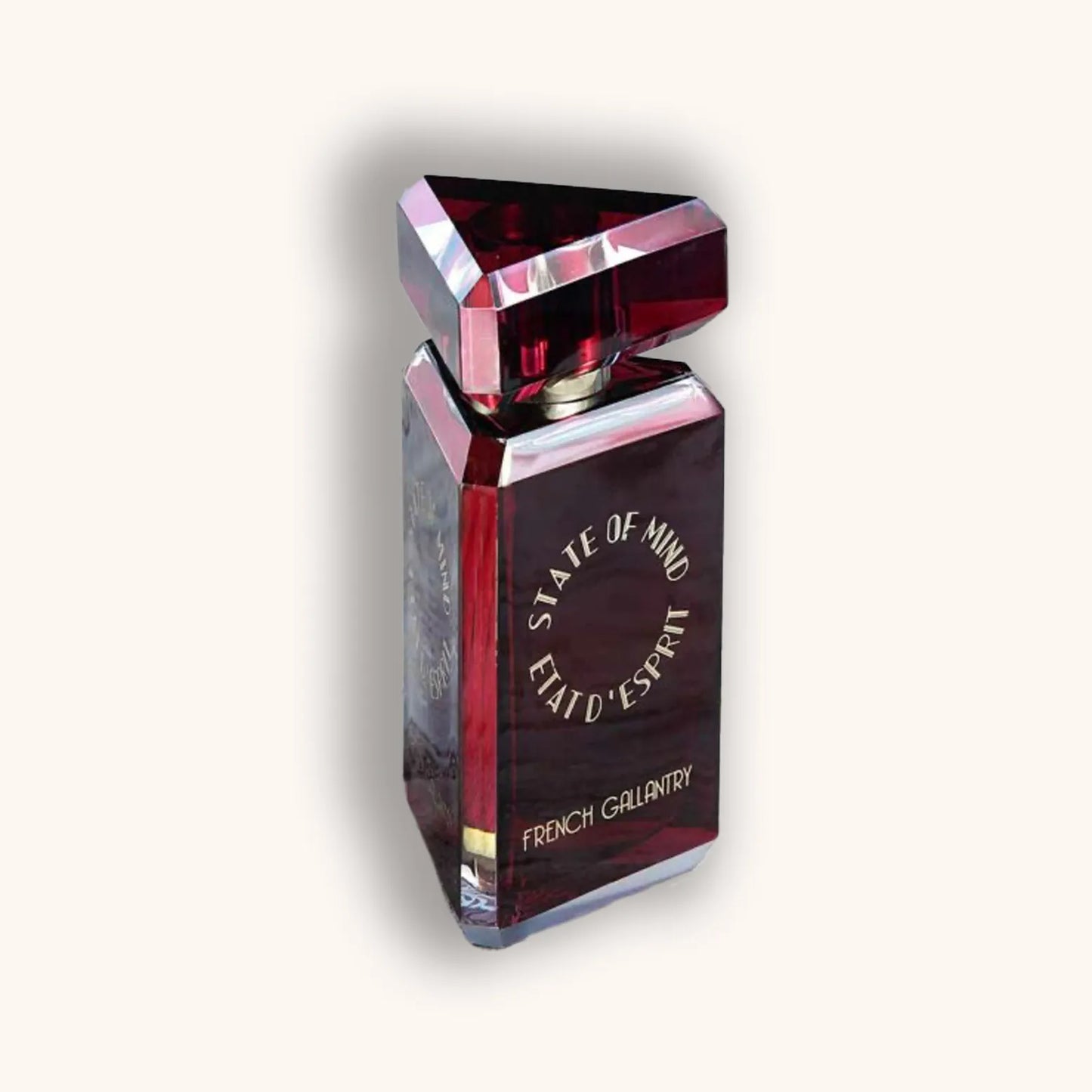 Alt tag: A striking perfume bottle for "State of Mind French Gallantry," featuring a triangular top and rich dark red glass, elegantly displaying its sophisticated branding.