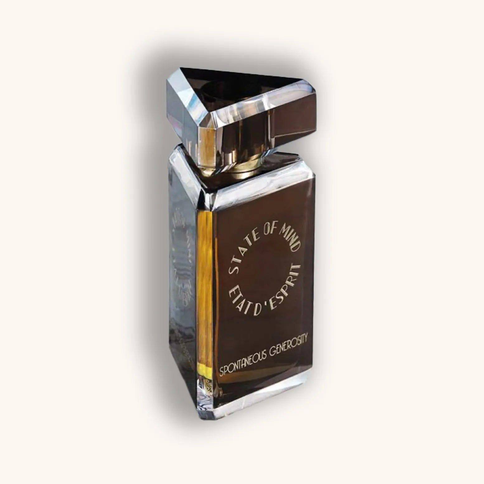 Alt text: A sleek and elegant bottle of perfume titled "State of Mind Spontaneous Generosity," featuring a geometric design with a dark glass finish and metallic accents. The label elegantly displays the fragrance name in stylish typography.