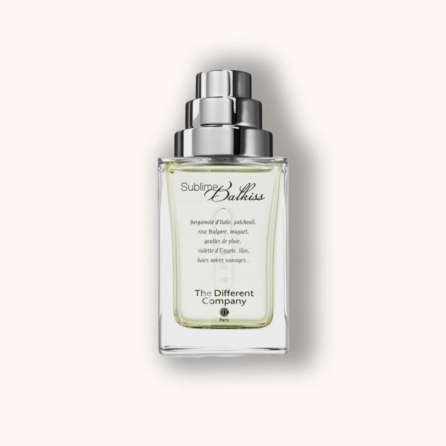 Alt text: A sleek, glass bottle of "The Different Company Sublime Balkiss" fragrance, featuring a silver cap and elegant design. The label highlights notes of bergamot, patchouli, and rose.