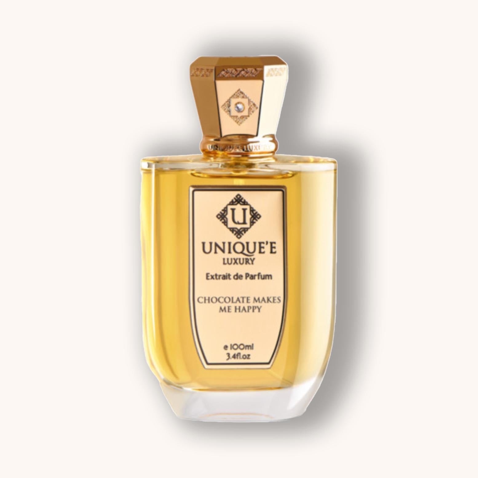 A luxurious perfume bottle with an elegant design, labeled "Unique'e Luxury Chocolate Makes Me Happy," containing 100ml of fragrance. The golden hue of the bottle adds to its opulent appearance.