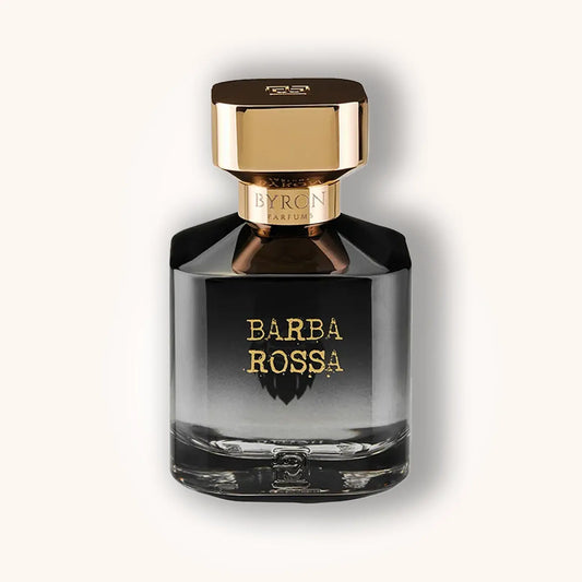 Byron Barba Rossa perfume – smoky black bottle with gold cap, bold and mysterious niche fragrance for perfume lovers.