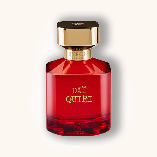 Byron Dai Quiri perfume – red fragrance bottle with gold cap, cocktail-inspired niche scent with tropical gourmand notes.