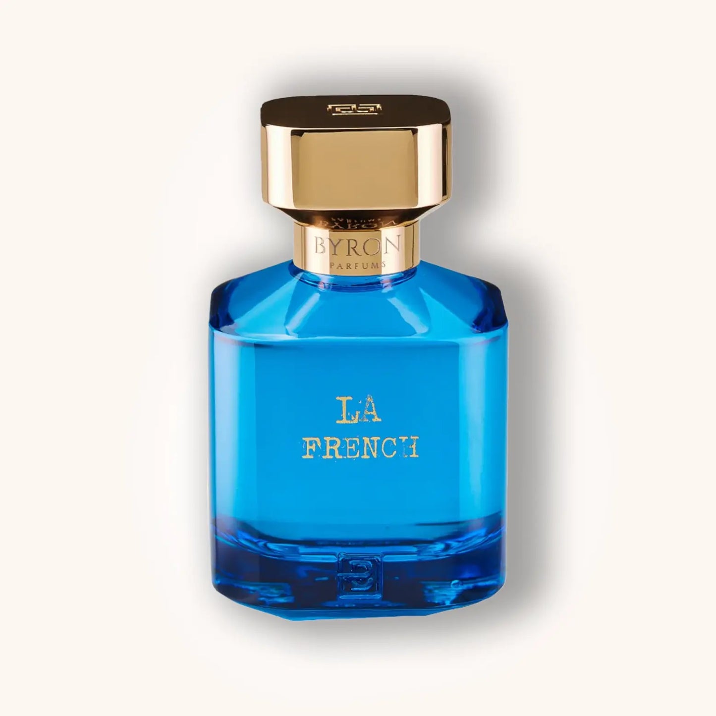 Byron La French perfume – elegant blue bottle with gold cap and text, sophisticated French-inspired niche fragrance.