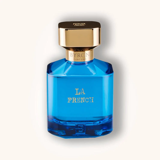 Byron La French perfume – elegant blue bottle with gold cap and text, sophisticated French-inspired niche fragrance.