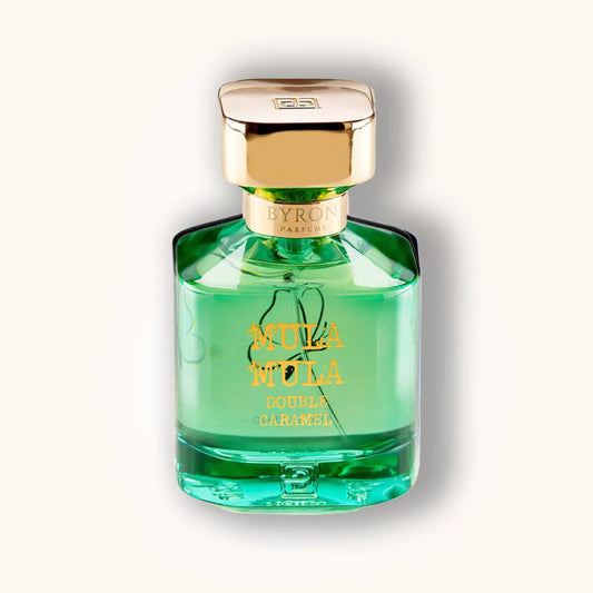 Byron Mula Mula Double Caramel perfume – green niche fragrance bottle with gold details, sweet caramel gourmand perfume.
