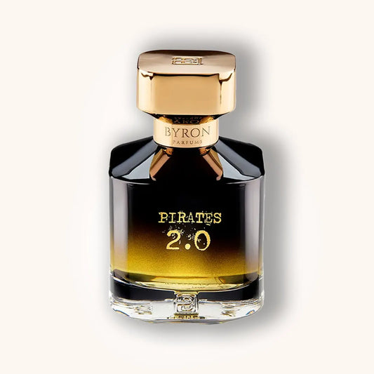 Byron Pirates 2.0 perfume – black to gold gradient bottle, niche pirate-inspired fragrance with rich and daring notes.
