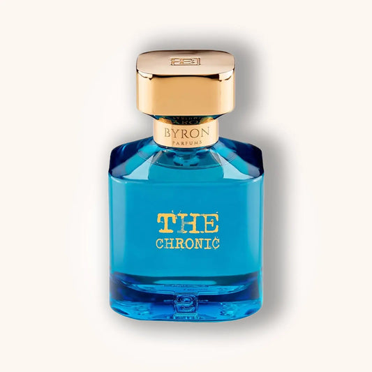 Byron The Chronic perfume – blue niche fragrance bottle with gold cap and bold gold lettering, luxury eau de parfum.