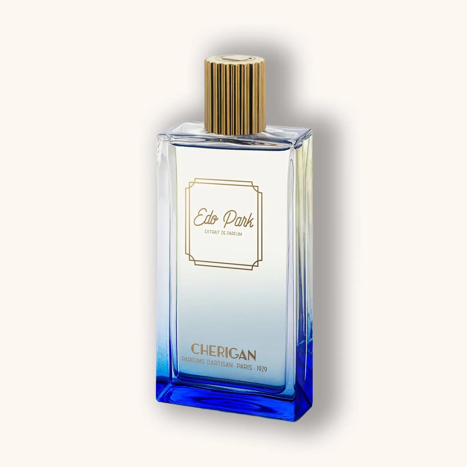 A sleek, rectangular fragrance bottle labeled "Edo Park" by Cherigan, featuring a golden cap and a gradient blue design. The elegant bottle showcases the essence of luxury in perfume.