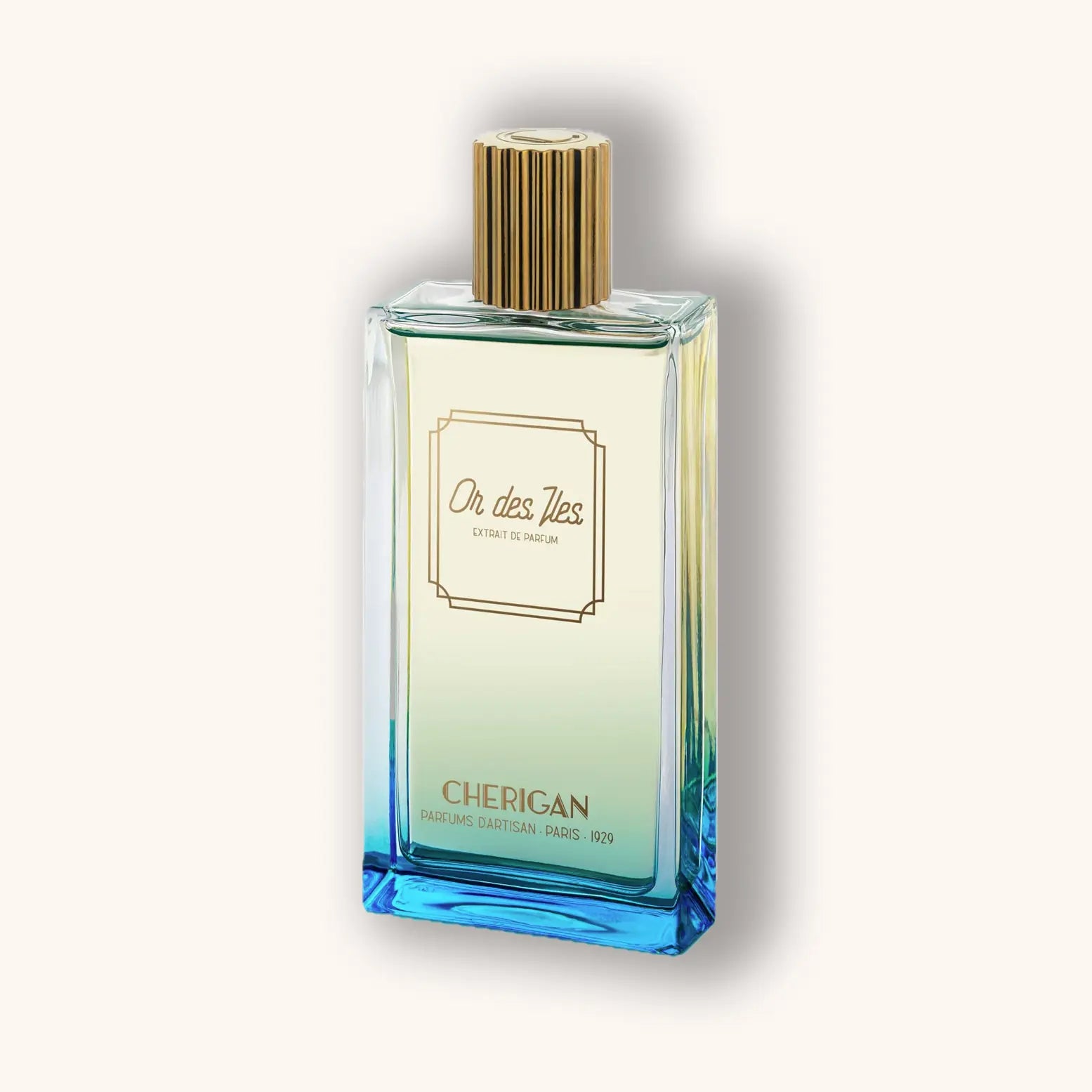 A sleek, rectangular perfume bottle with a gold cap, labeled "Cherigan Or Des Îles," featuring a gradient design in blue and green tones. The elegant packaging suggests a refreshing and sophisticated fragrance experience.