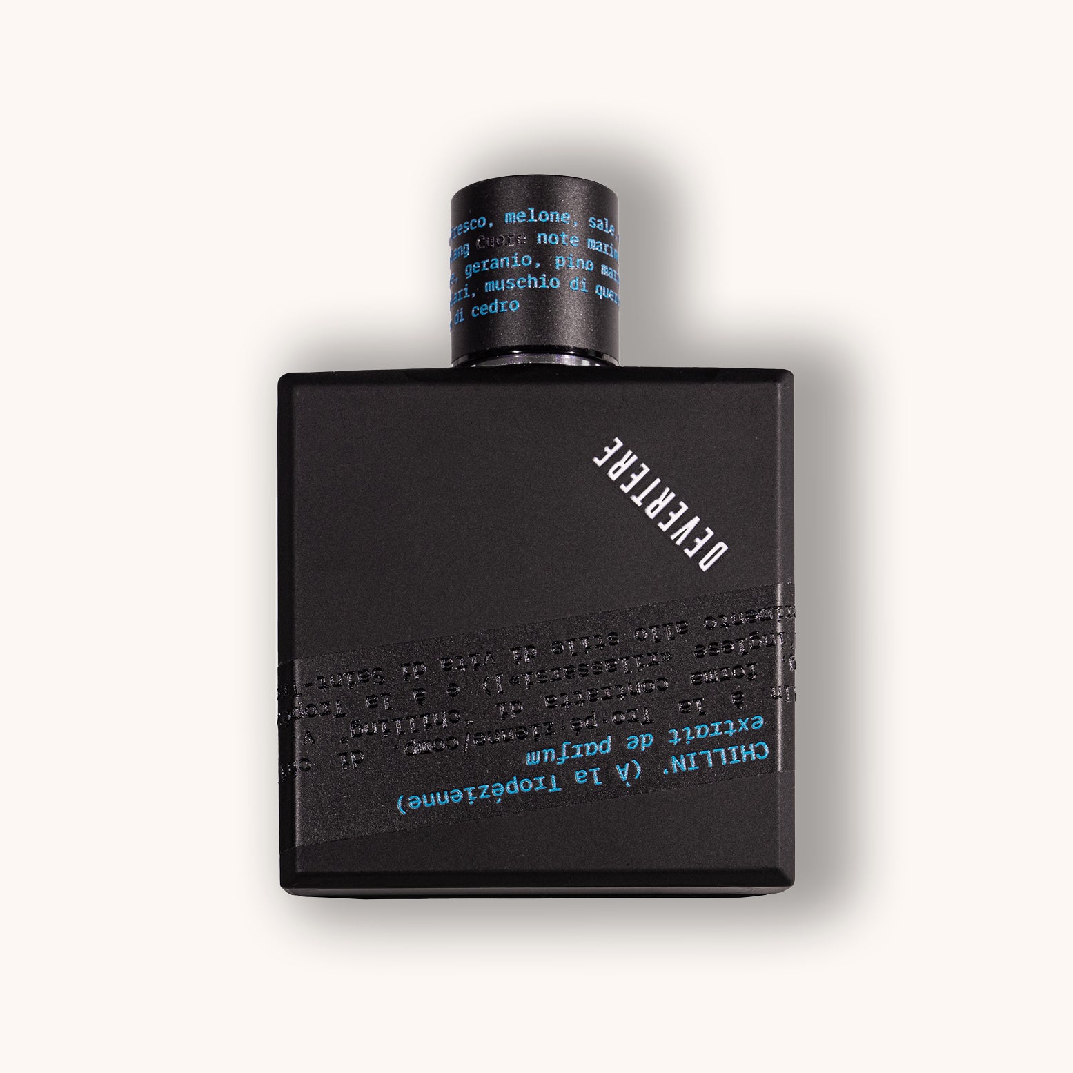 Black perfume bottle of Devertere Chillin' (à la Tropézienne) with text on a white background