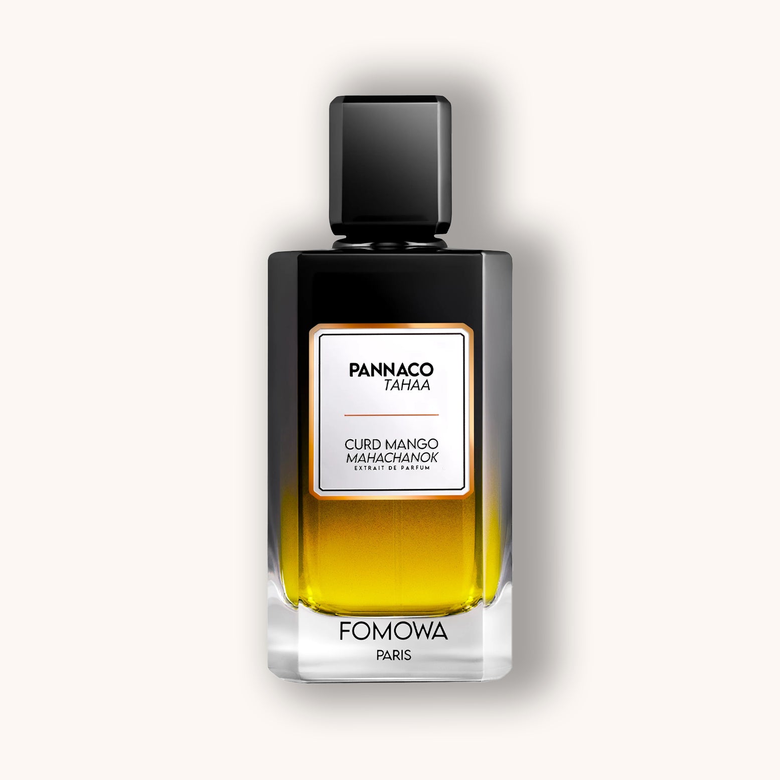 Perfume bottle with 'Pannaco Tahaa' and 'Fomowa Paris' branding on a white background