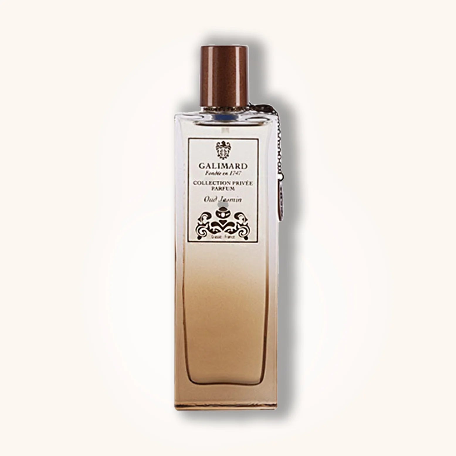 Galimard Oud Jasmin in a sleek beige-toned gradient bottle with classic brown cap and silver label from the Collection Privée collection.