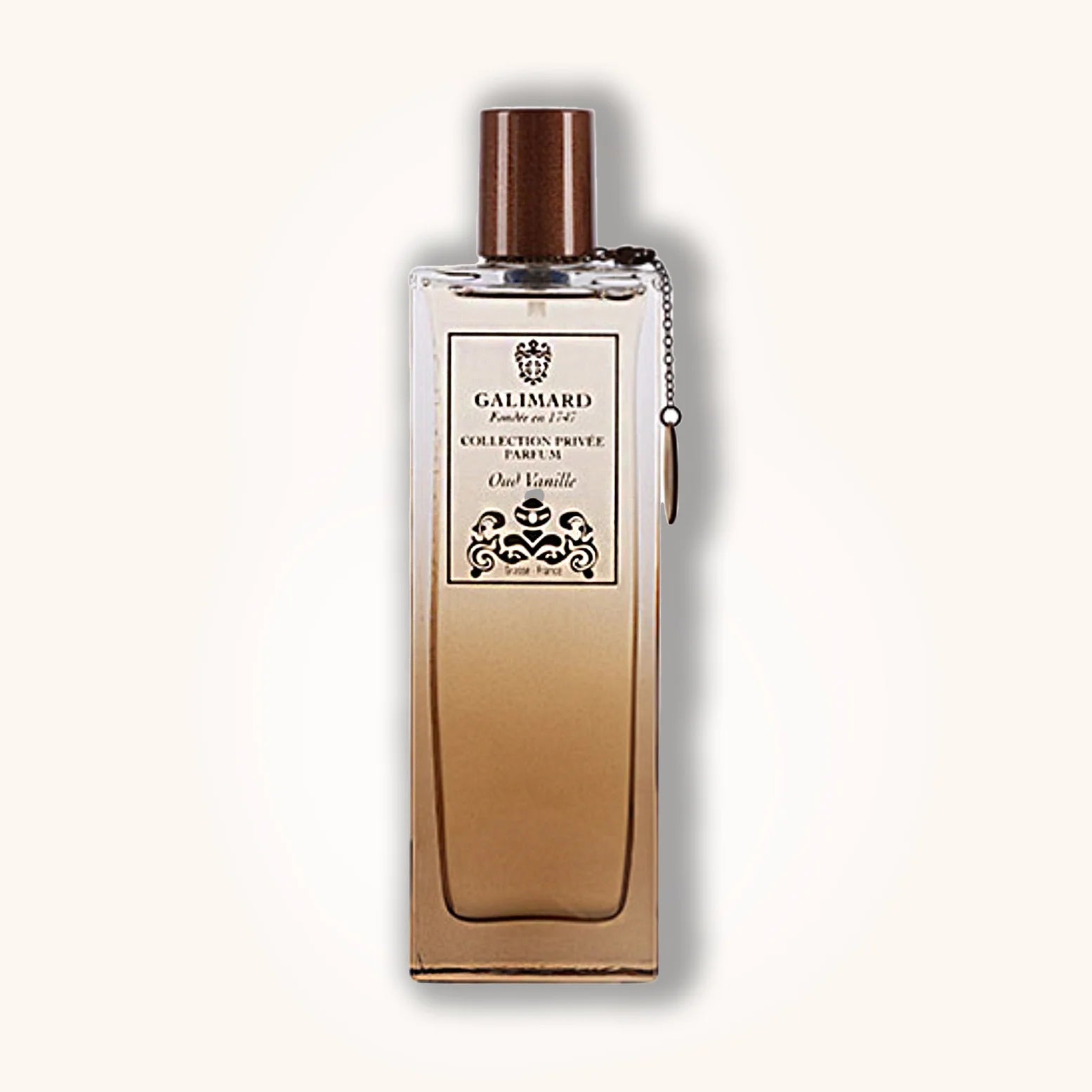 Galimard Oud Vanille perfume bottle with a warm beige gradient design and refined brown cap from the Collection Privée series.