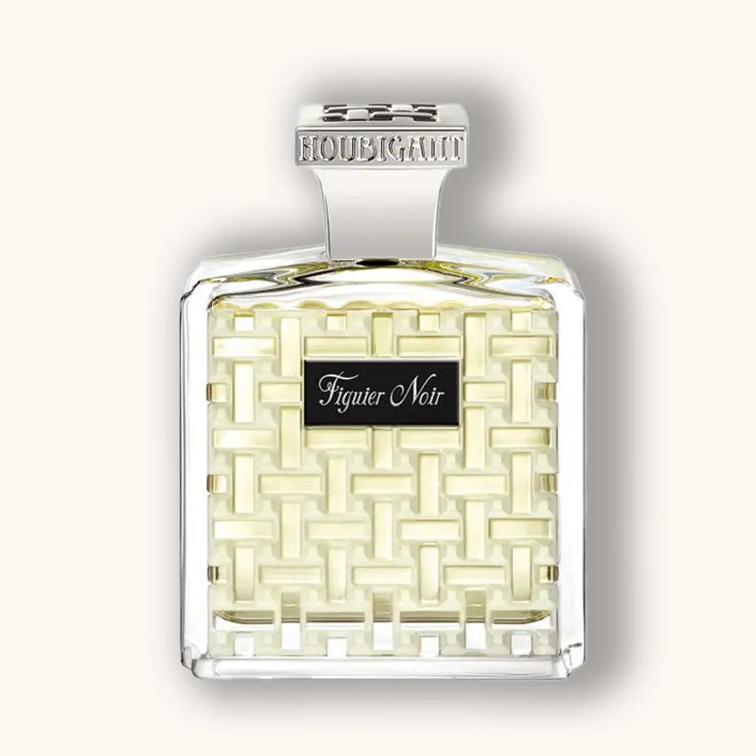 Houbigant Figuier Noir perfume bottle with geometric design on a white background