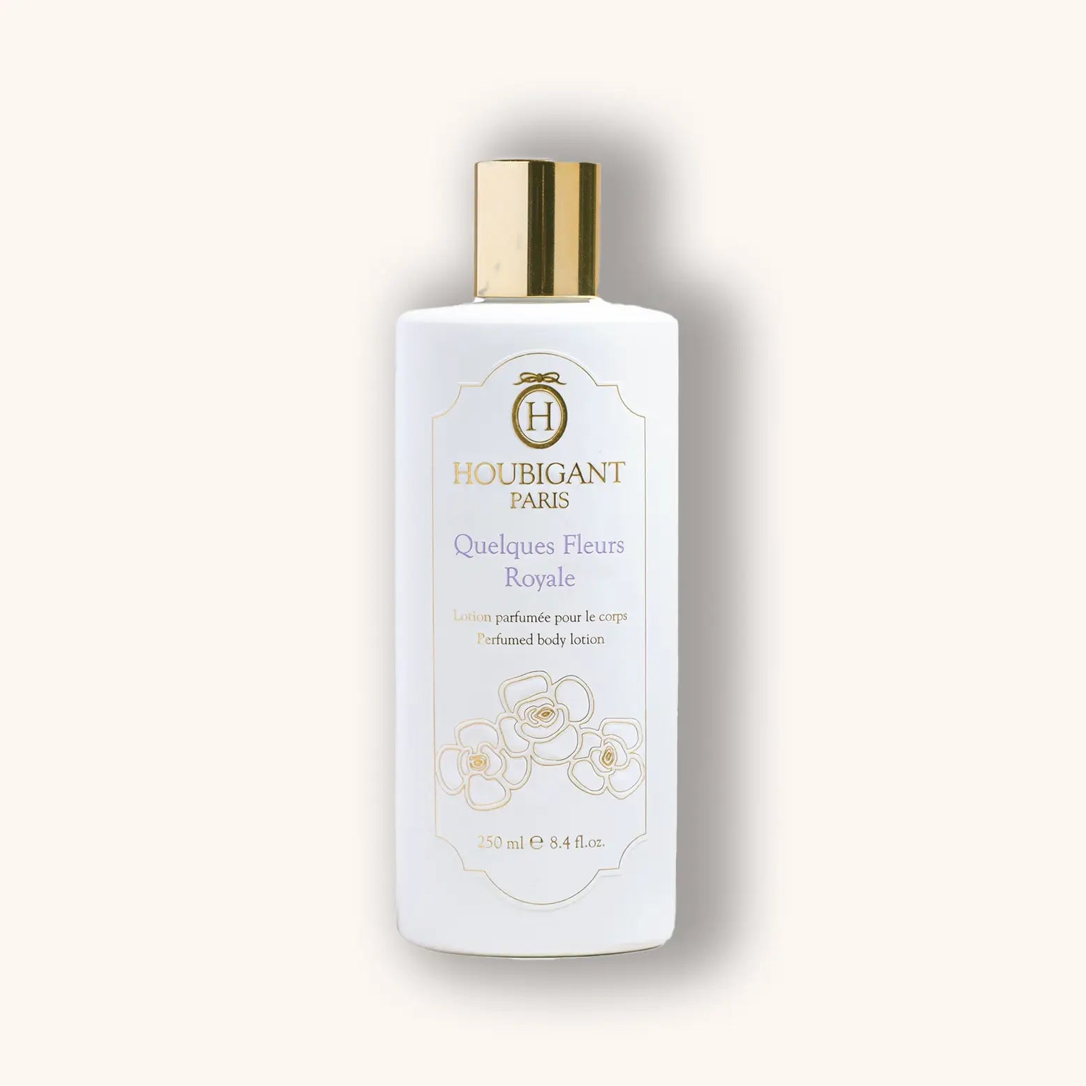 Houbigant Paris body lotion bottle on a white background