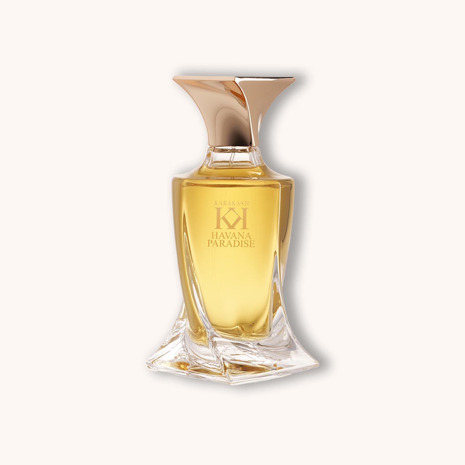 Alt text: A sleek and elegant glass perfume bottle of 'Karakash Havana Paradise' featuring a gold cap and a curvy design, with the fragrance's name etched on the front. The liquid inside is a warm amber color.