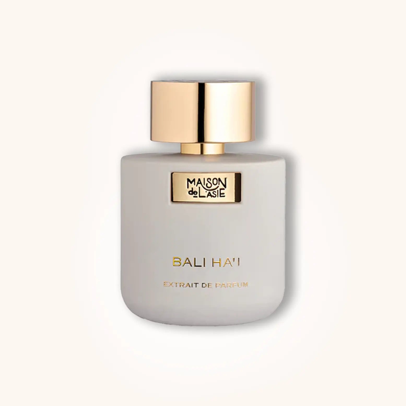 Maison de L’Asie Bali Ha’i Extrait de Parfum presented in a creamy white bottle with a golden cap.