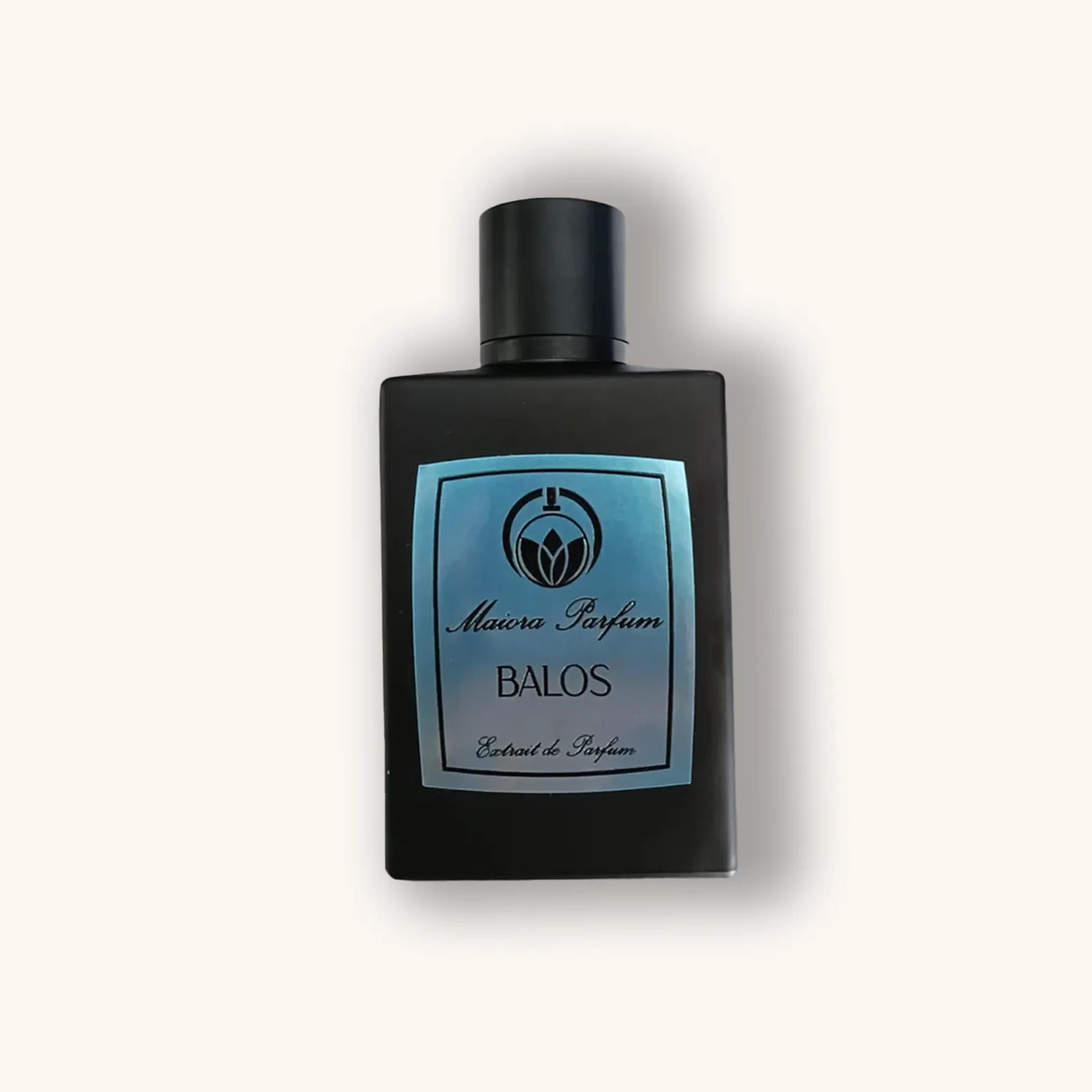 A sleek black bottle of Maiora Parfum Balos featuring a blue label and a black cap, designed for an elegant fragrance presentation. The bottle exudes sophistication and style, perfect for perfume enthusiasts.