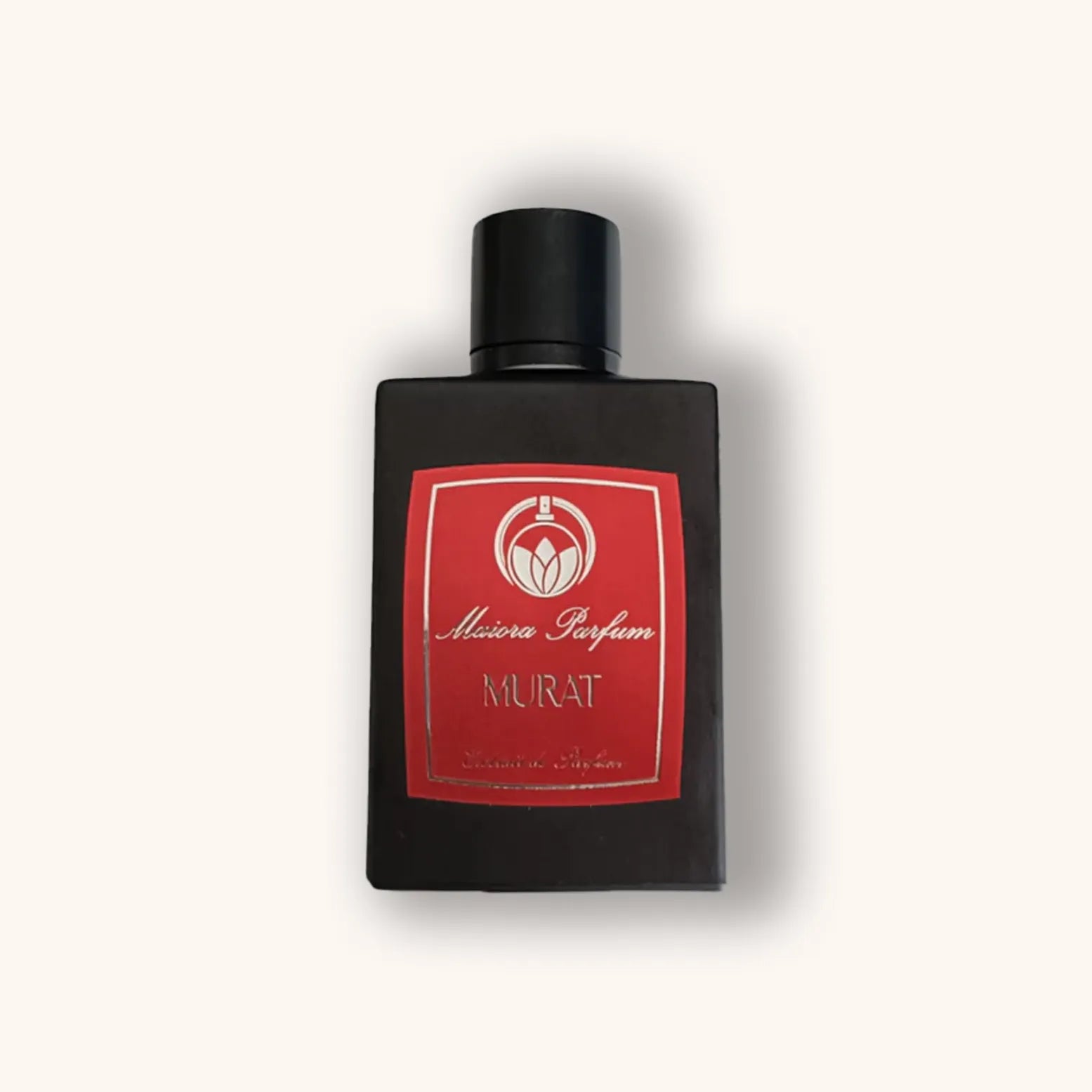 Alt text: A sleek black bottle of Maiora Parfum Murat featuring a prominent red label with elegant branding. The bottle has a minimalist design, emphasizing its luxurious fragrance.