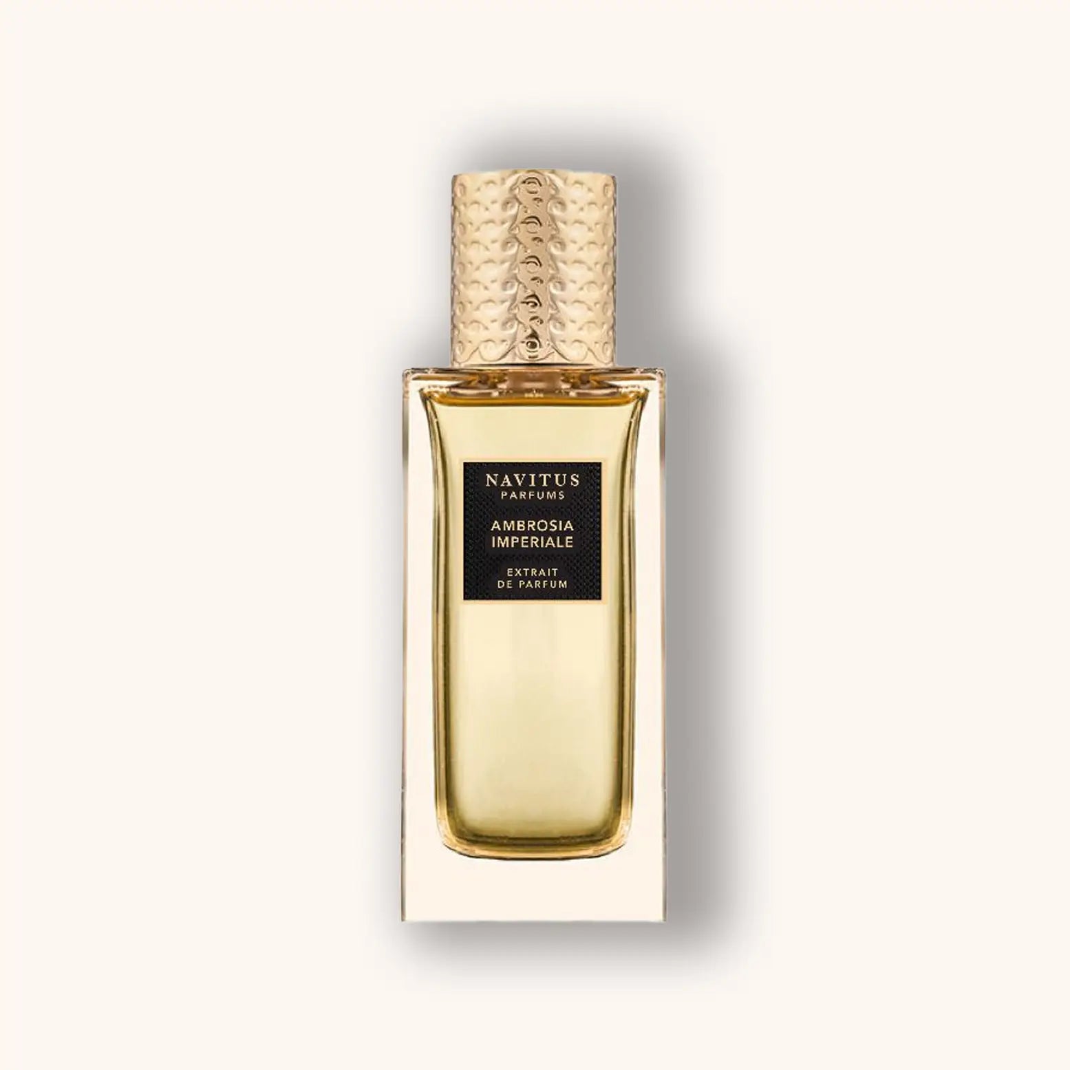 Navitus Parfums Ambrosia Imperiale Extrait de Parfum – luxury niche fragrance with rich amber, honey, and woody notes in a gold bottle.