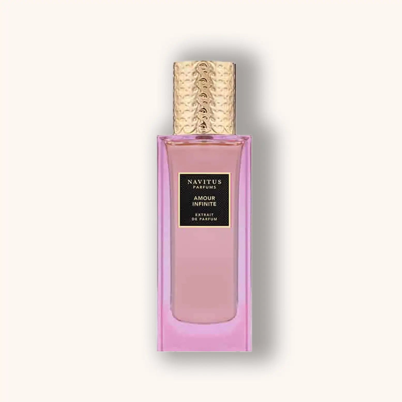 Navitus Parfums Amour Infinite Extrait de Parfum – elegant florals and modern fruity fragrance in a pink bottle with gold details.