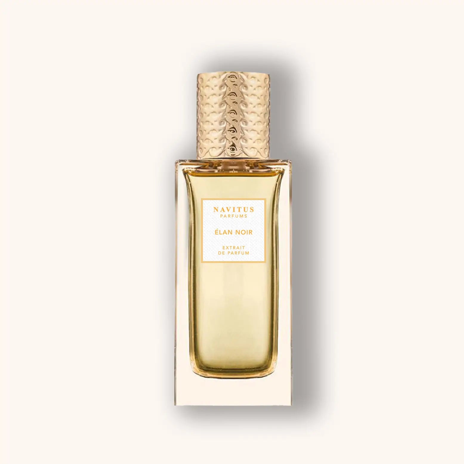 Perfume bottle with gold cap and label on a white background
