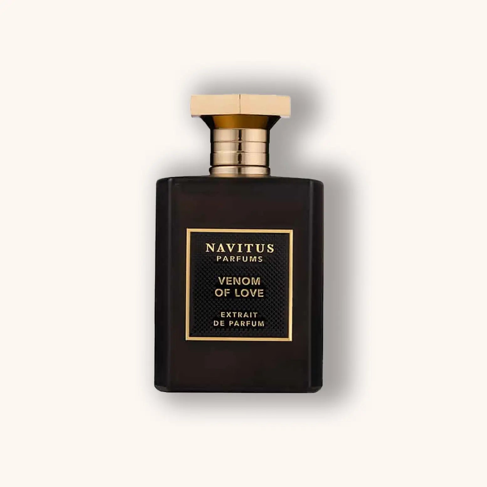 Navitus Parfums Venom of Love Extrait de Parfum – seductive dark chocolate and cherry scent in a sleek black bottle with gold accents.