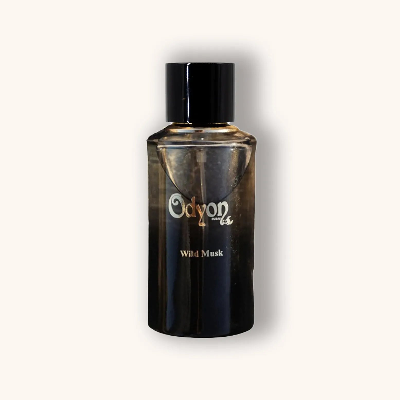 A sleek black bottle of Odyon Dubai Wild Musk perfume, featuring a minimalist design with elegant branding. The fragrance is designed to evoke earthy, musky notes.