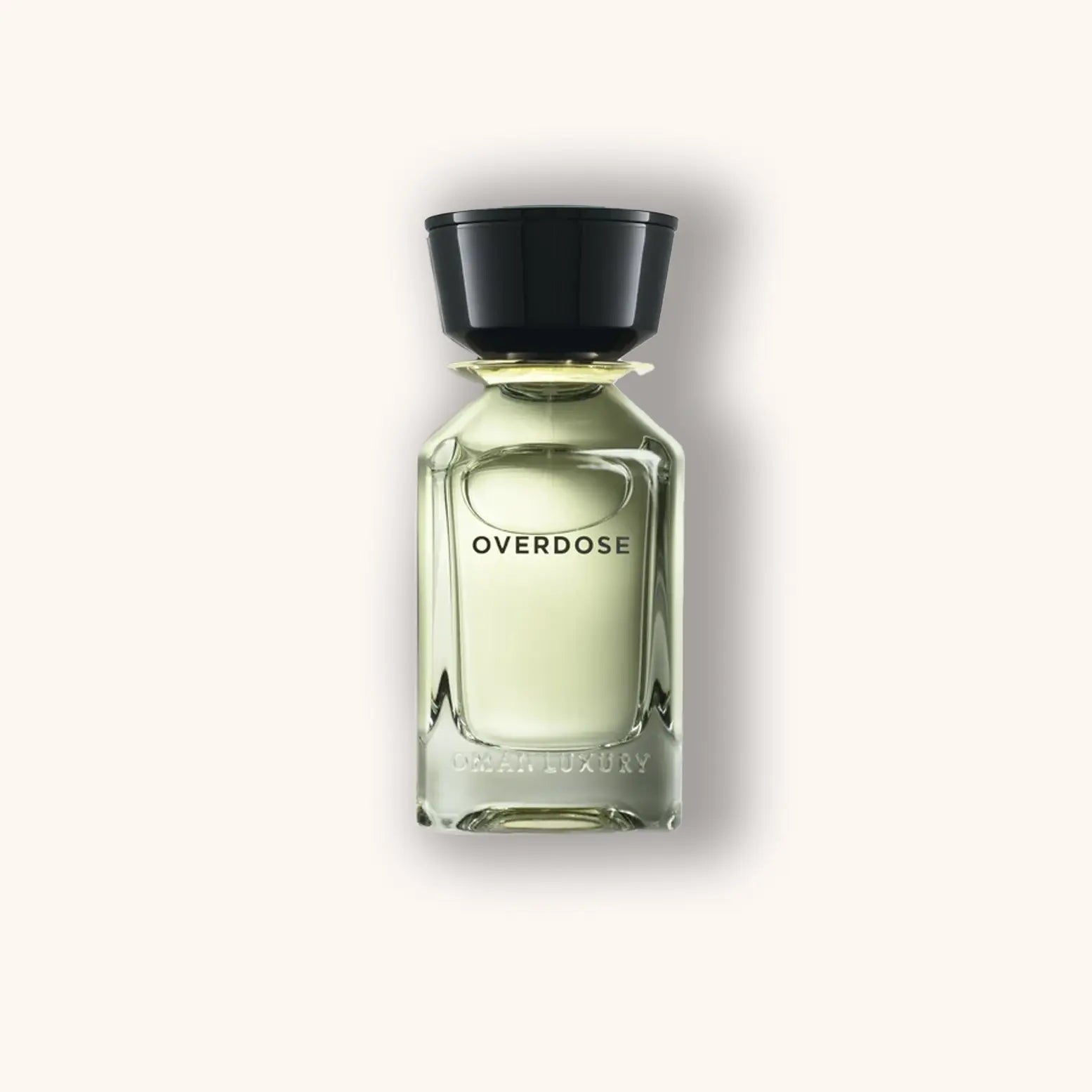 Alt text: A sleek glass bottle of "Omanluxury Overdose" perfume, featuring a minimalist design with a black cap and the word "OVERDOSE" elegantly displayed on the front.