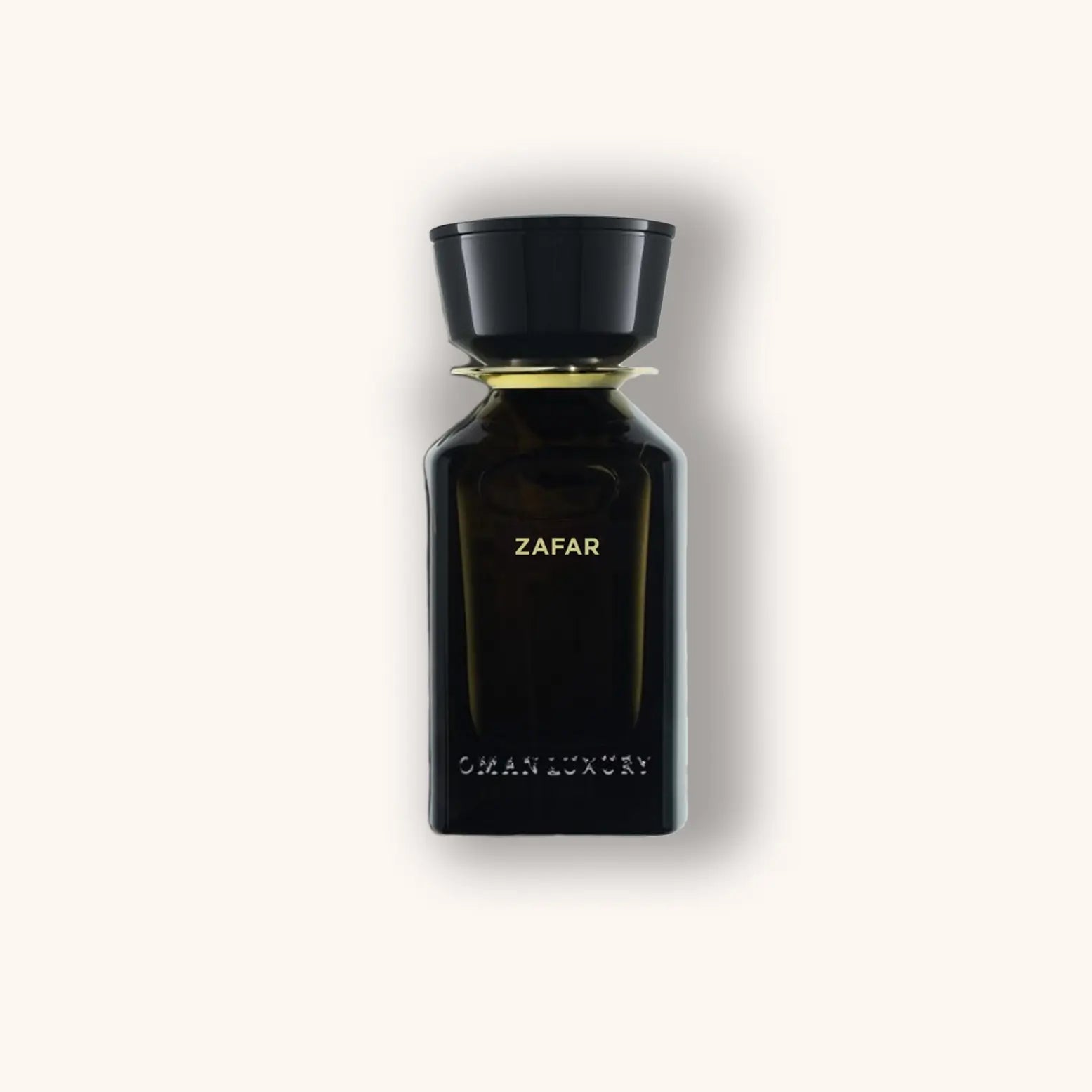 Alt text: A sleek black perfume bottle with a minimalist design labeled "ZAFAR" from Omanluxury, showcasing elegant craftsmanship.