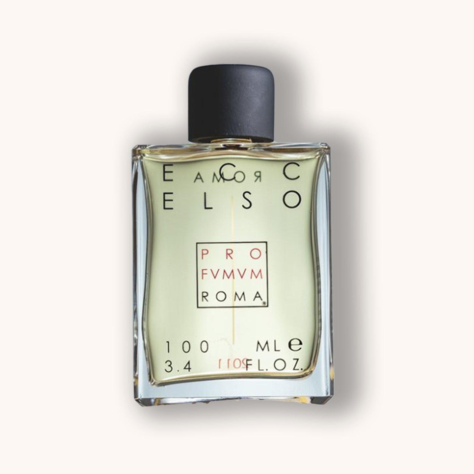 Perfume bottle of Profumum Roma Eccelso with black cap and clear glass body on a white background
