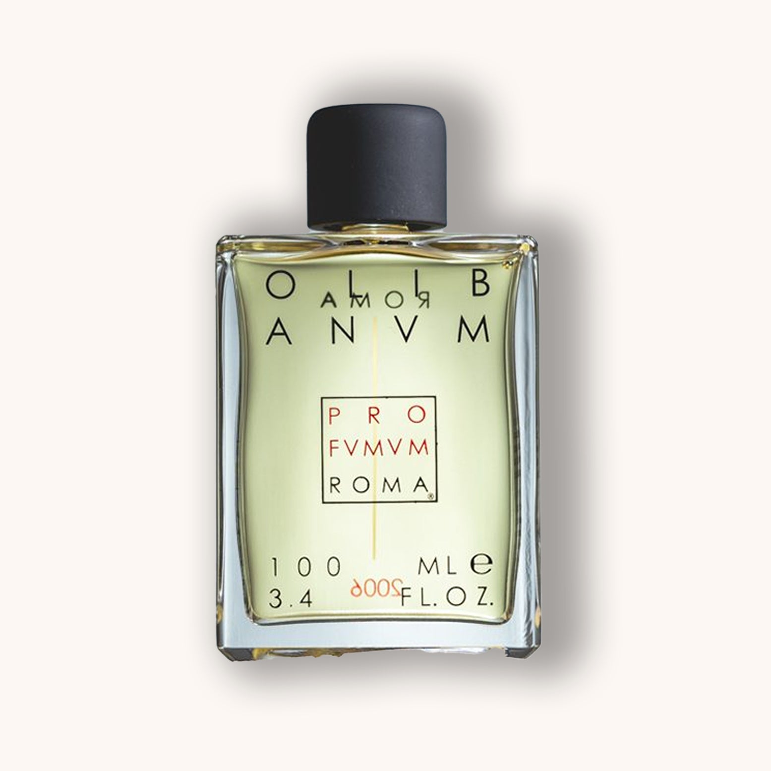 Perfume bottle of Profumum Roma Olibanum on a light gray background