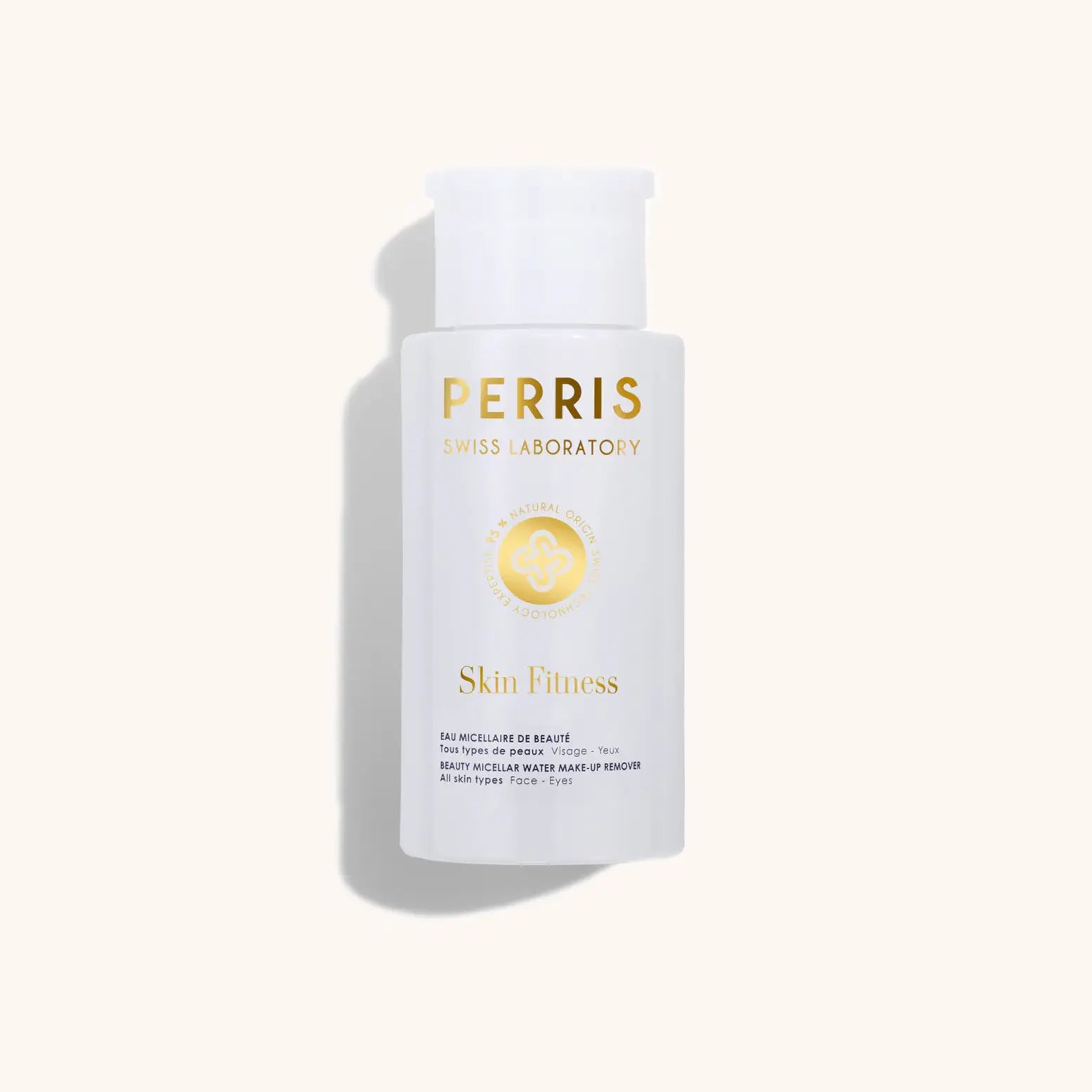 Alt text: A bottle of Perris Swiss Laboratory Beauty Micellar Water, featuring a clean, minimalist design with the label "Skin Fitness" prominently displayed in gold text. Ideal for gentle makeup removal and skin cleansing.
