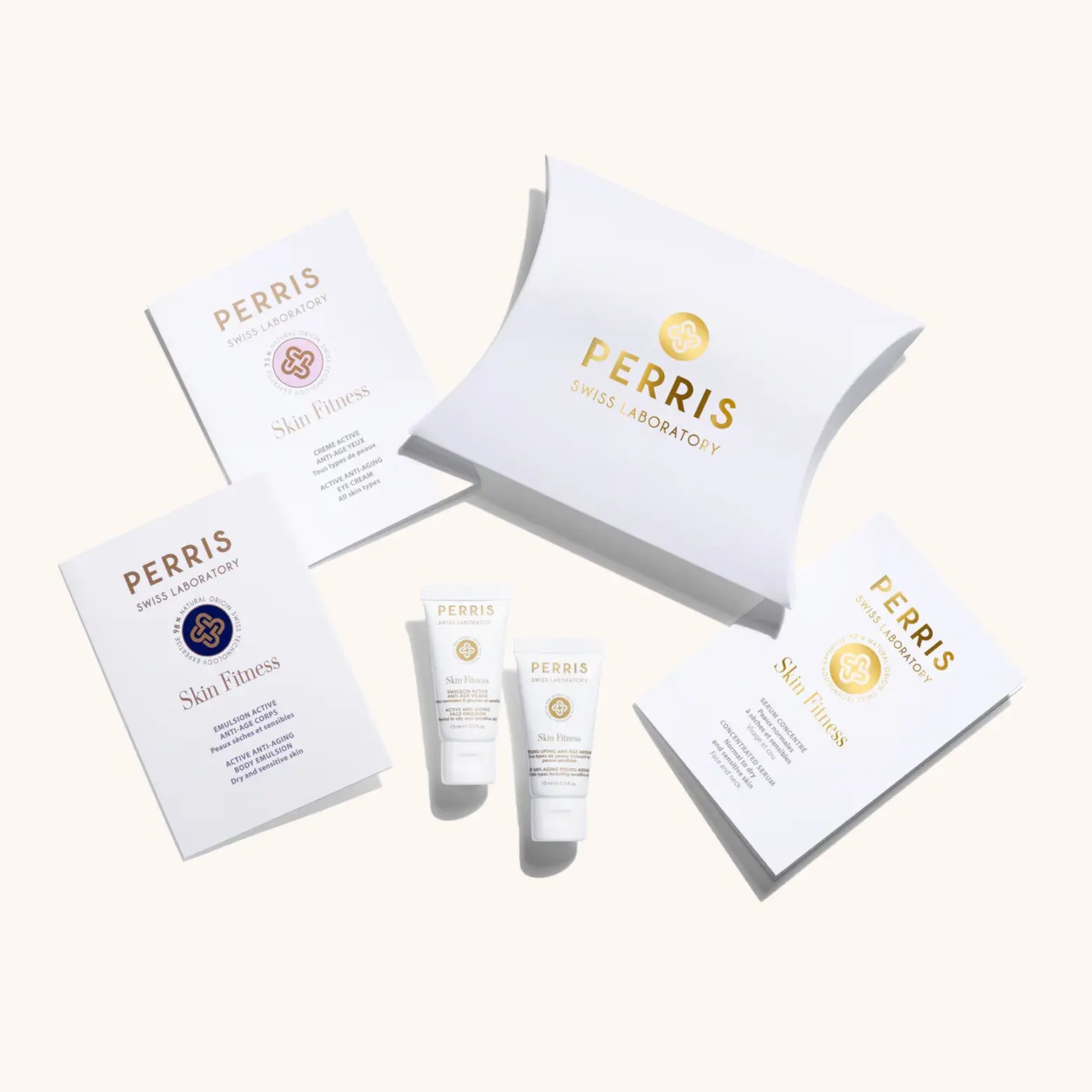 Alt text: "Perris Swiss Laboratory Discovery Kit for Combination Skin featuring two mini skincare tubes and informative leaflets, all presented in an elegant packaging."