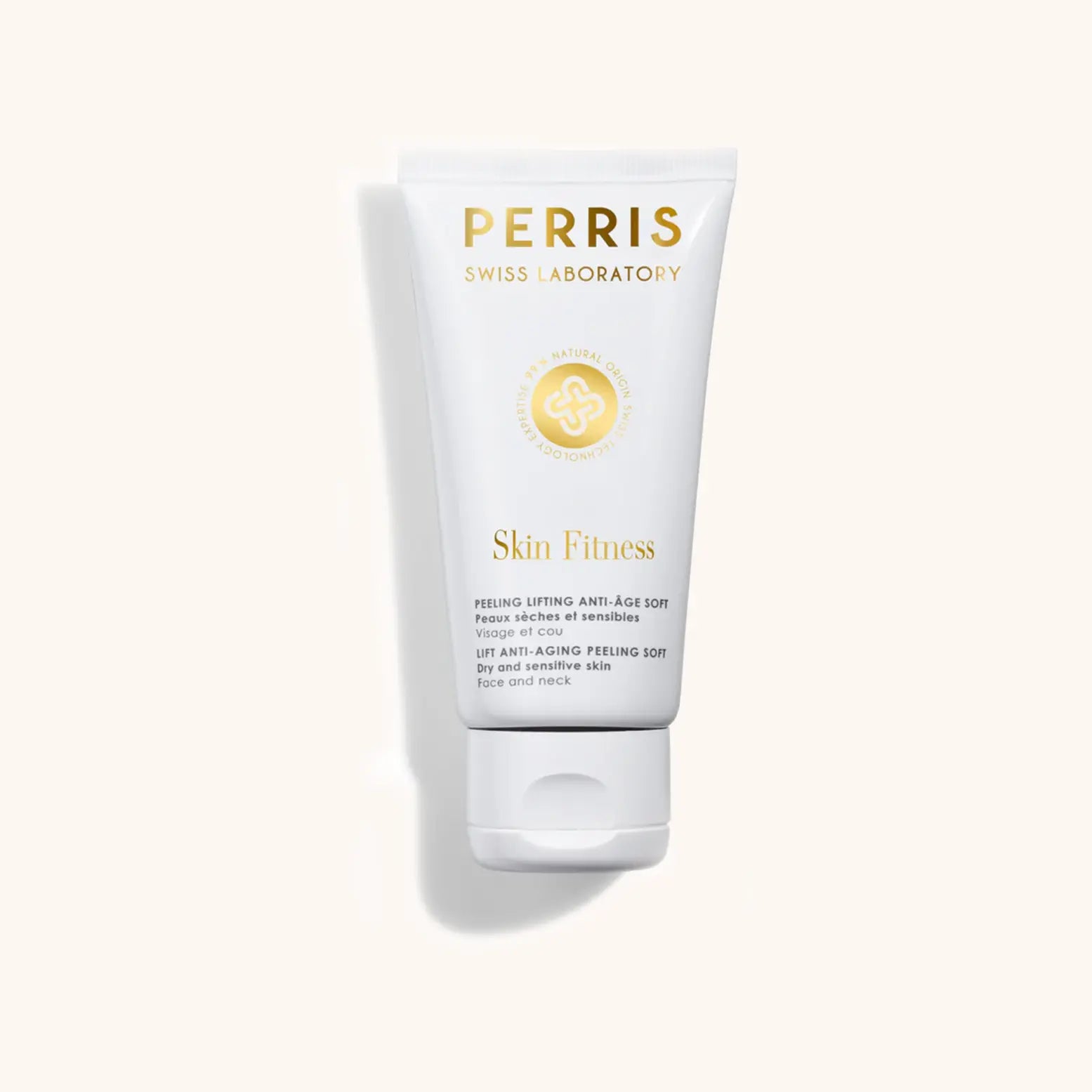 A tube of Perris Swiss Laboratory Lift Anti-Aging Peeling Soft, featuring a sleek white design with gold accents. This skincare product targets anti-aging benefits for the face and neck.
